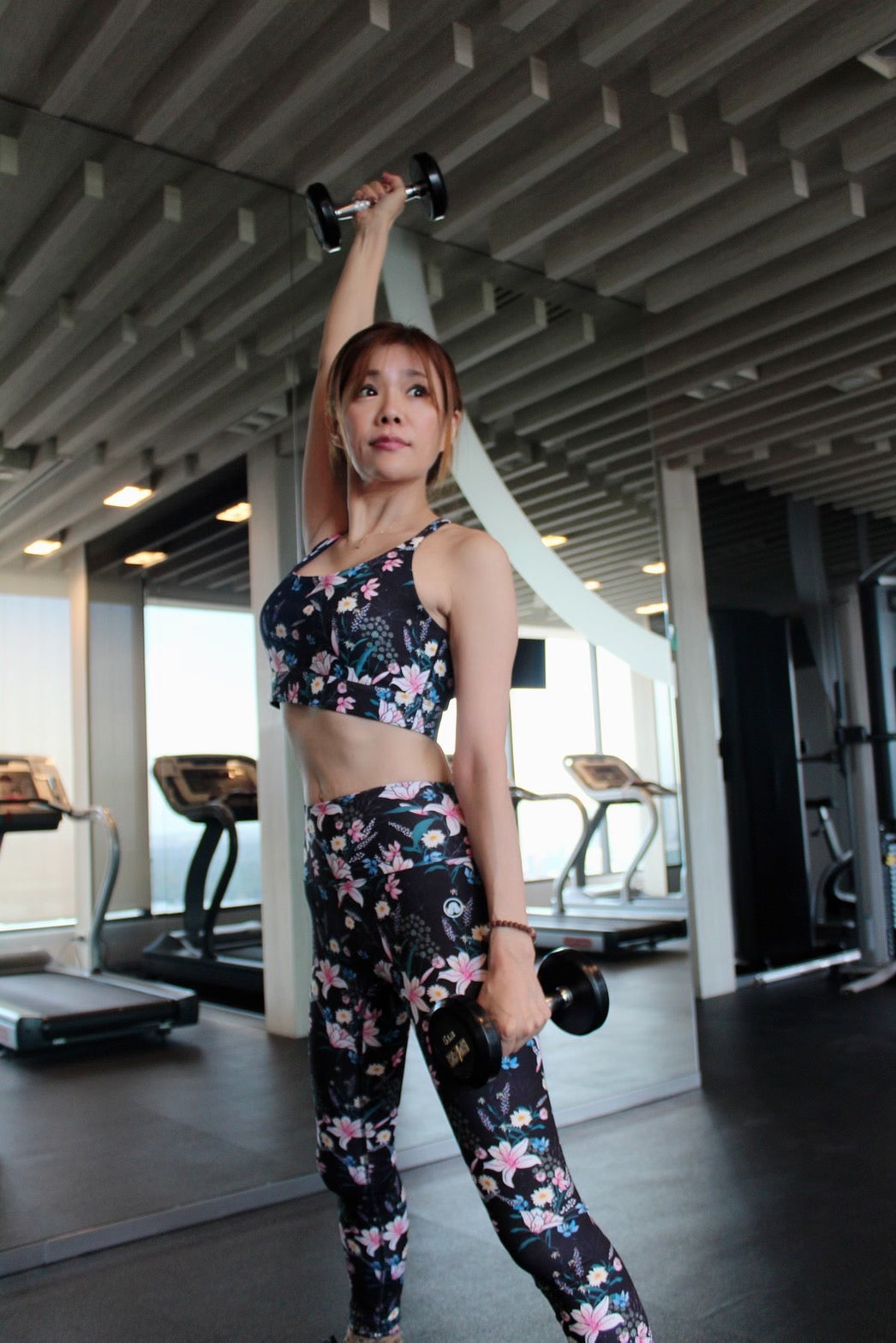 Compression fit leggings and bra top in hydrangea print