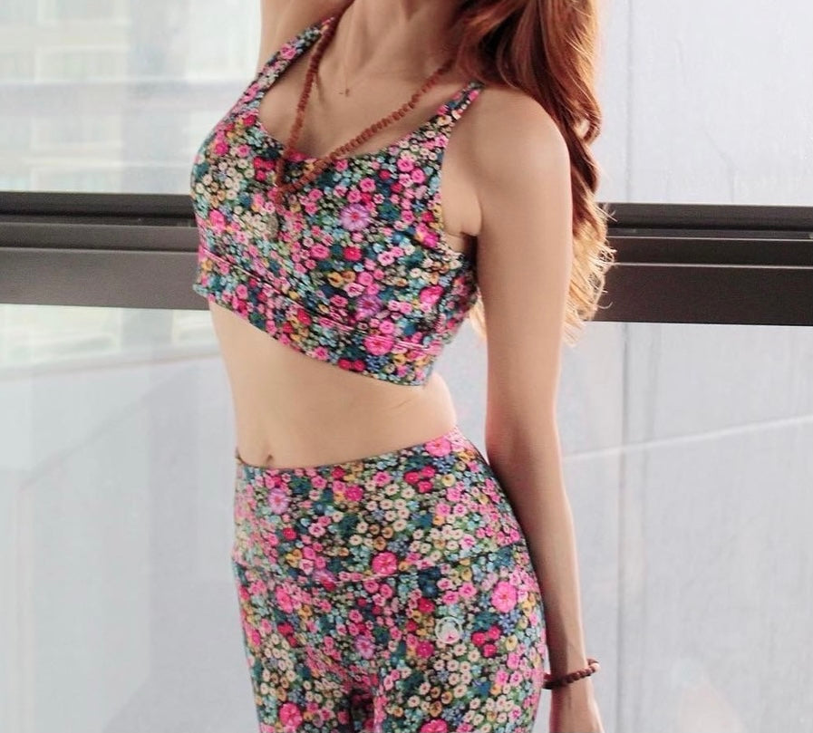 Compression fit leggings and bra top in hydrangea print